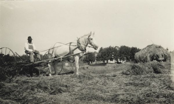 Oscar Steinkopf and his horse Jim. They are haying on Steinkopf's 40-acre farm. The photograph was taken by Alvin Steinkopf, Oscar's son, a Milwaukee journalist.