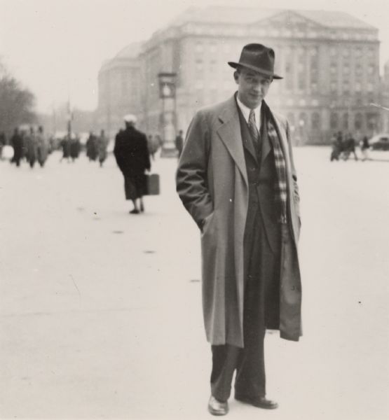 Associated Press journalist Alvin Steinkopf, formerly of Milwaukee, photographed on the streets of Berlin. Steinkopf was in Berlin until after Pearl Harbor, when all of the American journalists and diplomats were interned at Bad Nauheim.