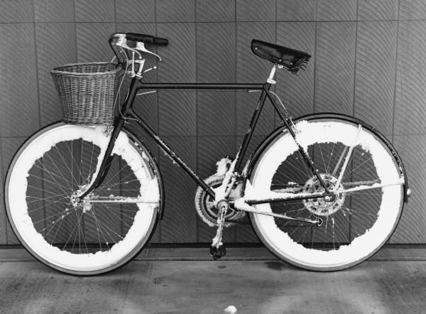"This bicycle was used for a daily commute to Widmer Cheese Factory. Wet heavy snow provided extra ornamentation." The photographer is an avid bicyclist.