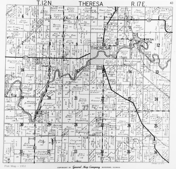 View of the plat map of Theresa, copyright by General Map Company, 1952.