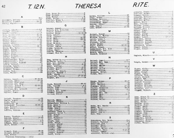 View of an alphabetical listing of a plat map of Theresa.