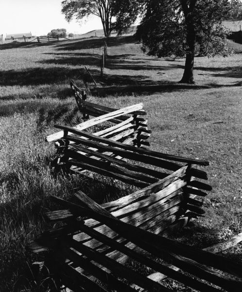 "This rail fence was on the Myron Weninger farm on County D. In the distance are buildings on the Paul Beckman farm."