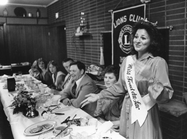 "Miss Fond du Lac was a guest when the Theresa Lions Club held its annual meeting."