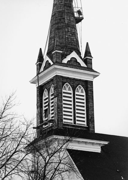 "While working on St. Paul's Lutheran 'Half Way' church, between Lomira & Theresa, a workman was killed when he fell off the scaffolding on the left."