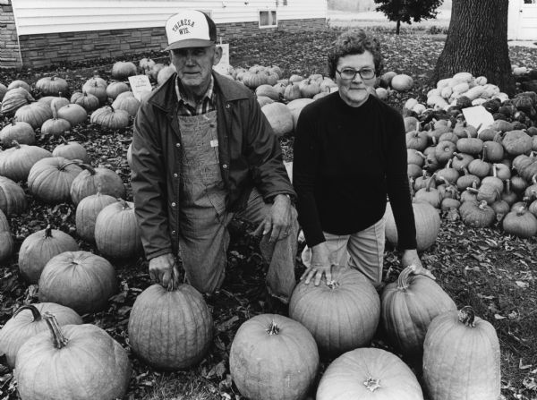 "Milton and Adeline Retzlaff show off their bountiful pumpkin harvest."