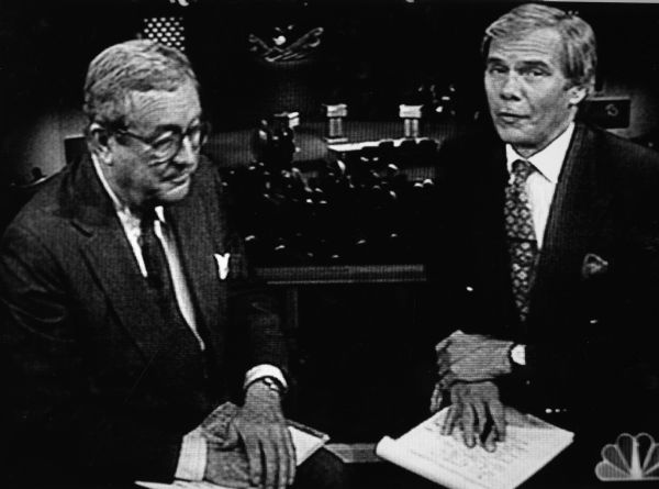 "John Chancellor, left, and Tom Brokaw, NBC political experts, critique the presidential debates."