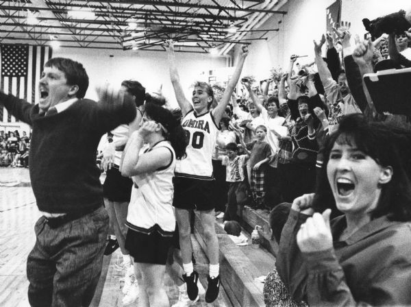 "WE WON!!! The Lomira bench erupts as the Lions defeat Chilton for the sectional title."