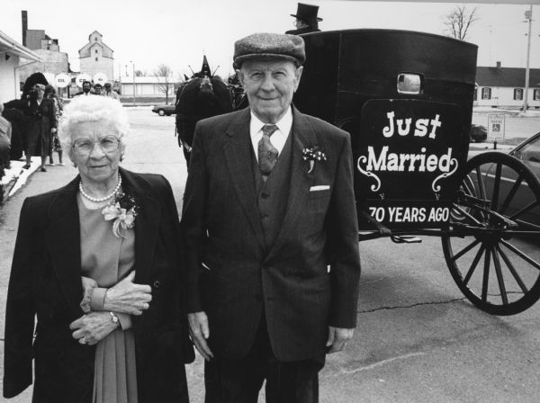 "John and Lydia Reklau celebrate their 70th wedding anniversary at the Lomira Legion Hall."