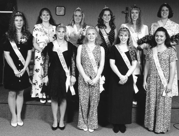 "As a part of the 98th Annual Firemen's Tournament, girls from 10 Dodge County communities vied for the title of Queen. Nicole Bodden (top right) was first runner-up to Queen Jenni McDonald, Watertown (middle, top row)."