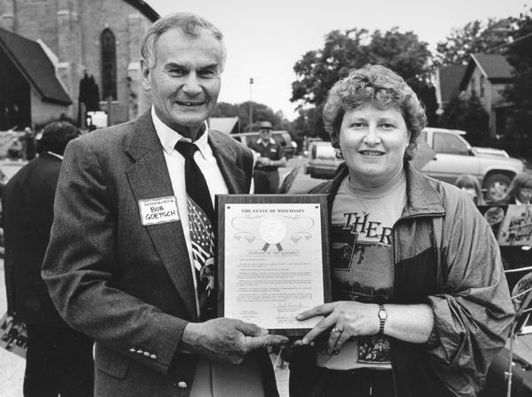"When Theresa celebrated their sesquicentennial, Village President Chris Giese accepted a proclamation from Assemblyman Bob Goetsch."