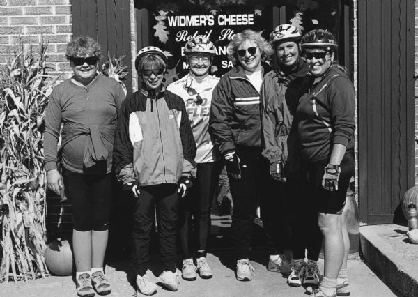 "Mayville Audubon Days bike riders from Ft. Atkinson take a break at Widmer's Cheese."