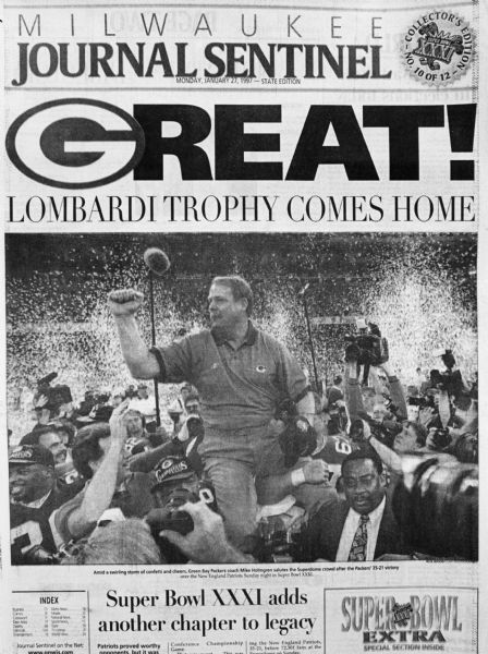 The headline of the Milwakee Journal Sentinel reads, "GREAT!  Lombardi Trophy Comes Home."
