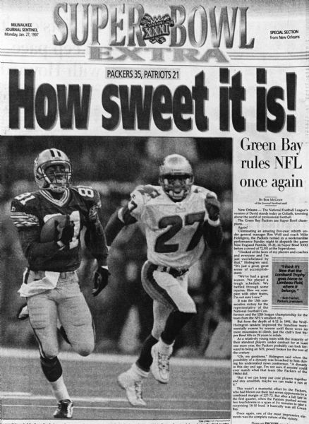 The headline of the "Milwaukee Journal Sentinel" Super Bowl Extra reads, "How sweet it is!"