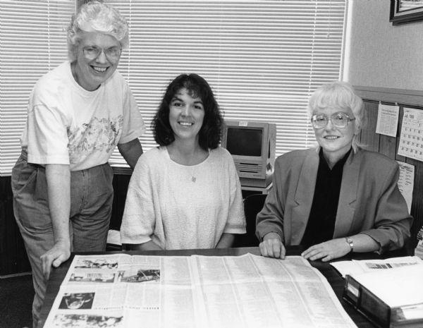 "'Mayville News' staff, from left: Ann Guse, Proofreader; Andrea Hansen, Reporter/Photographer; and Sally Kahlhamer, Editor/Photographer."