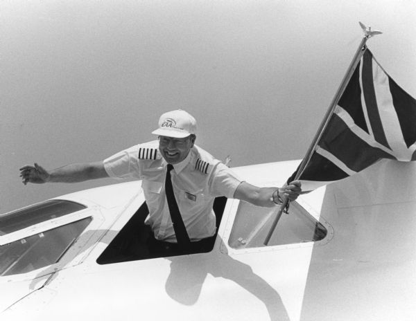 "The Concorde pilot is exuberant after landing at Oshkosh."