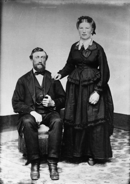 Full-length wedding portrait of Mr. William Goetsch and Mrs. Goetsch, enlarged from small tintype in 1903. Mrs. Goetsch, who was Bertha Krueger, married William Goetsch and moved to Iowa.