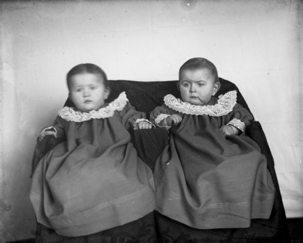 Portrait of twins Jennie and Edgar Krueger at the age of 10 months, 12 days.