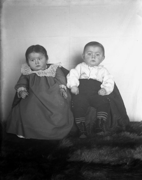 Portrait of Jennie and Edgar Krueger at 11 months, 17 days. Edgar, wearing his father's baby clothes, wears the same waist his father wore when he was two years old in the year 1874.