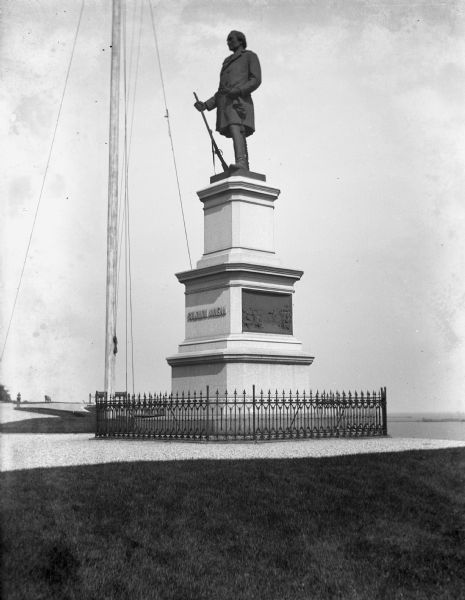 View of the Solomon Juneau statue in Juneau Park, erected in 1890.
