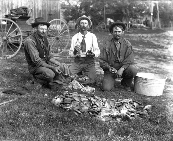 Herman Riebe, Alexander Krueger, and an unidentified man are kneeling next to a pile of fish they are cleaning. All the men are holding several of the fish in their hands. Wagons and a farm building are in the background.