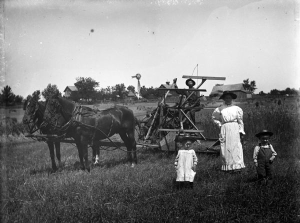 Alexander Krueger using the grain binder, which is pulled by two horses, to clear a field of grain. Edgar, Florentina, and Jennie are standing in front of the grain binder. Piles of the cleared grain are scattered around the cleared field. Farm buildings line the far parameter of the field.