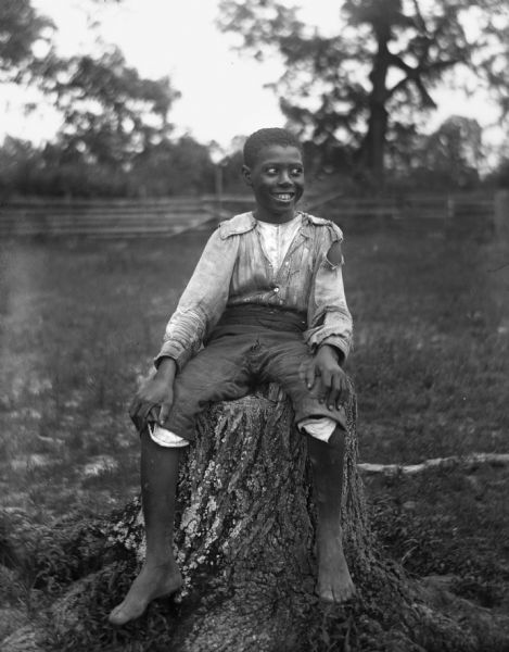Outdoor portrait of Holsey sitting on a tree stump in a fenced-in pasture.