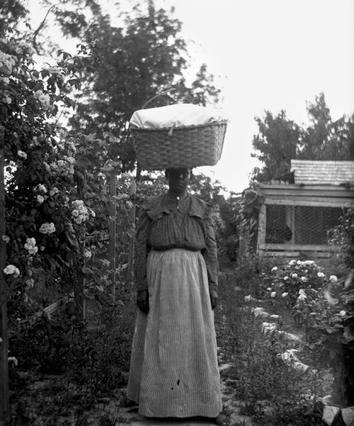 Florence Christian carrying the cleaned laundry of Paul C. Goetsch in a large basket on her head while walking barefoot through a garden.