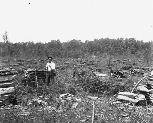 Alexander Krueger standing in a field with stacks of pine cord piled all around him. Branches from the pines litter the ground. Trees line the perimeter of the cleared field. Alexander is holding a string to operate the camera.