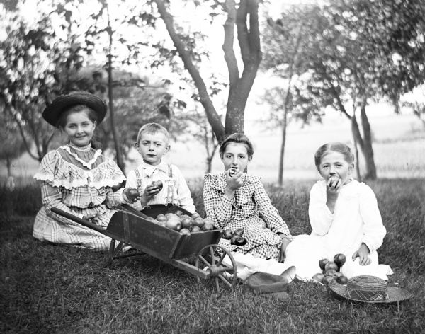Esther Bigalk, Edgar Krueger, Josephine Bigalk, and Jennie Krueger sitting on a lawn eating apples. A small wheelbarrow filled with apples is sittings in front of them.