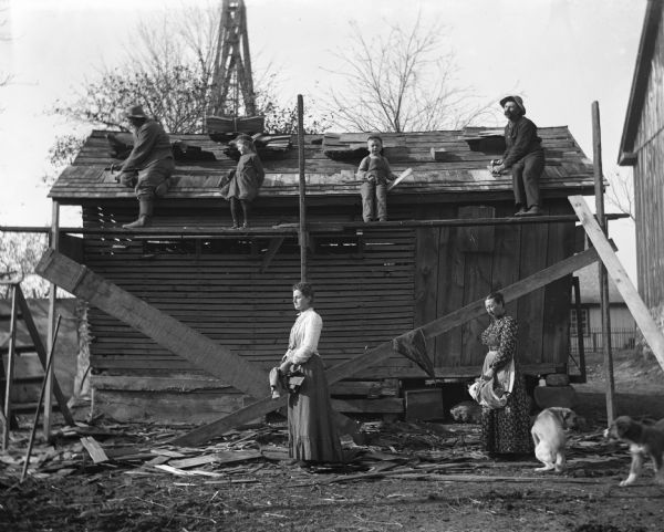 Krueger family reshingling an old corn crib. August, Jennie, Edgar, and Alexander are standing on top of scaffolding replacing the old shingles, while Florentina and Mary are gathering up the discarded shingles in their aprons below. Two dogs are playing next to Mary on the far right.
