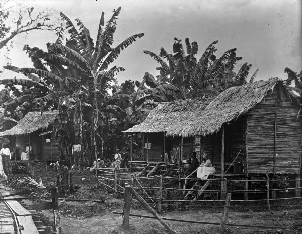 Several families posing outside their homes in a small village in Costa Rica. On the left are what appears to be a railroad track or wooden walkway. The houses are on stilts and are made out of bamboo with palm leaf roofs. Banana trees grow among the houses.