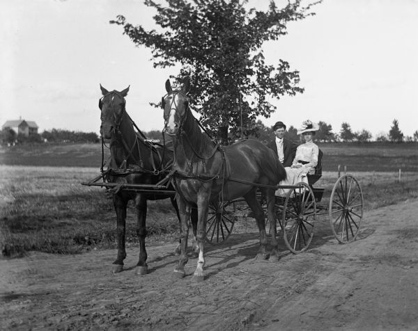 Ed Wendorf and his sister Martha riding in a buggy pulled by a team of horses along a dirt road near the Krueger farm.
