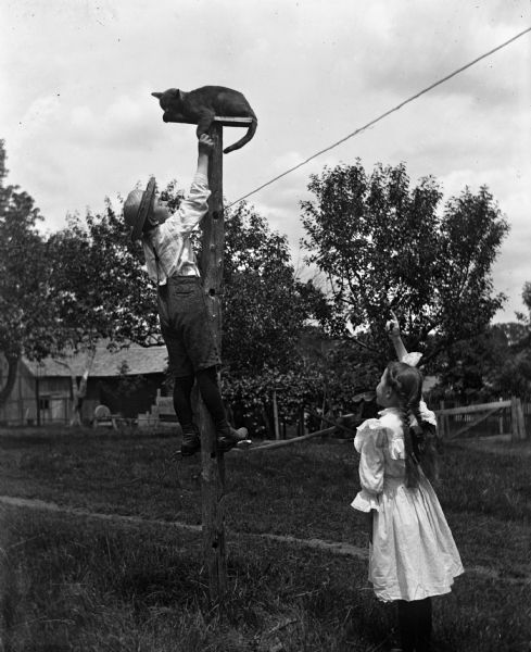 Jennie and Edgar Krueger playing with a cat, Tramp, who is on top of a post. Edgar is climbing the post trying to get the cat while Jennie is standing below watching.