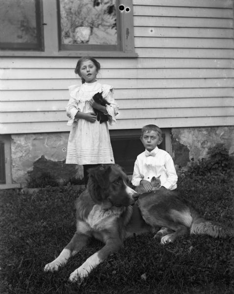Jennie and Edgar Krueger posing with their pets on the lawn near the side of the house. Edgar is kneeling on the ground while Jennie is standing next to him. They are both holding a kitten. A dog named Driver is lying on the ground in front of them.