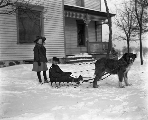 Winter scene with Edgar Krueger sitting on a sled that is attached to a large dog via a harness. Jennie Krueger is standing behind him. They are in a snow-covered yard near the house.