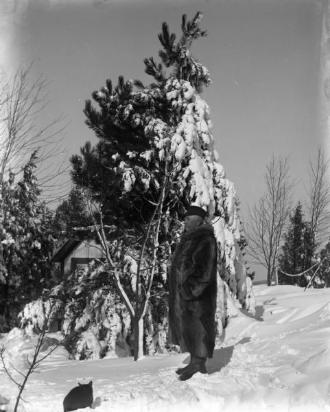 Outdoor portrait of August Krueger standing in profile wearing a long fur coat standing next to a snow-covered pine tree. A cat is sitting in the snow in front of him. There is a small farm building behind the pine tree.