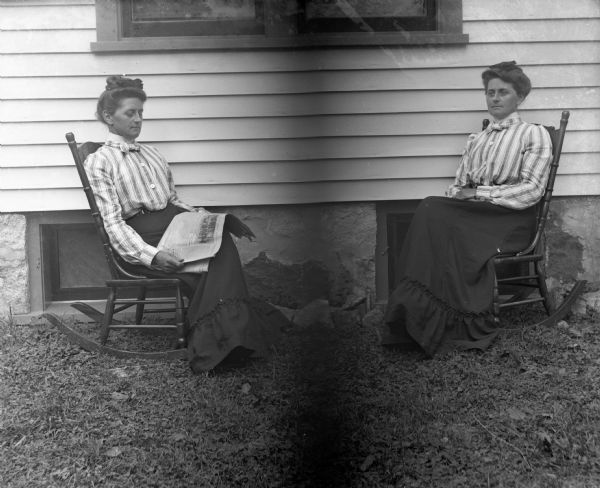 Double exposure of Florentina Krueger sitting in a rocking chair. On one side she is reading a newspaper, while on the other she is sitting and looking off in the distance.