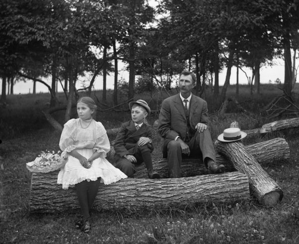 Outdoor group portrait of Alexander, Jennie, and Edgar Krueger sitting together on several large tree logs on their farm.
