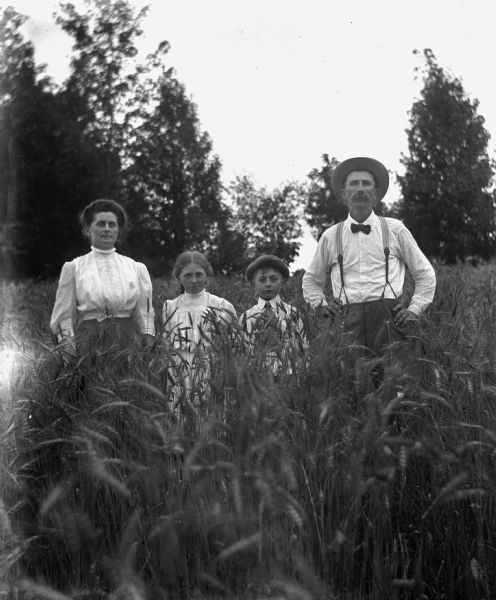 Florentina, Jennie, Edgar, and Alexander Krueger standing in the middle of a wheat field on their farm.