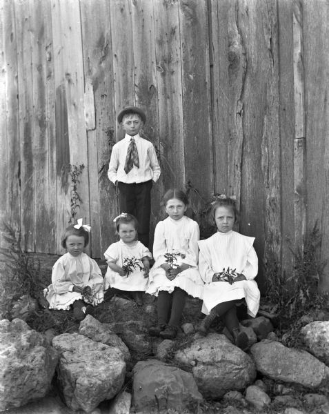 Edgar Krueger is standing behind a group of young girls, who are sitting amongst rocks next to the barn. The girls are each holding flowers. From left to right: Ruth and Alice Kressin, Jennie Krueger, and Mabel Kizowski.