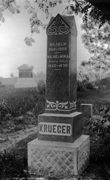 Monument for Wilhelm Krueger and his first wife, Wilhelmina Krueger, in Lebanon cemetery.