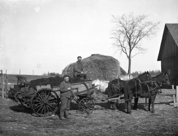 Alexander and August Krueger loading manure into a Litchfield manure spreader. Alexander is sitting on the spreader holding the reins of the three-horse team hitched to the spreader. August is standing in front of the spreader holding a pitchfork. A large haystack and farm buildings are in the background.