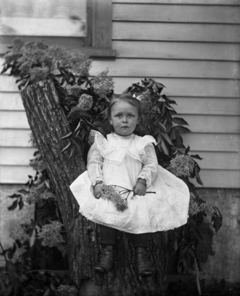 Outdoor portrait of Mabel Klosowsky sitting on a stump shaped like a chair. A large flowerering plant is draped on the chair behind her, and she is holding a stem of flowers in her hand. The side of a house is in the background.