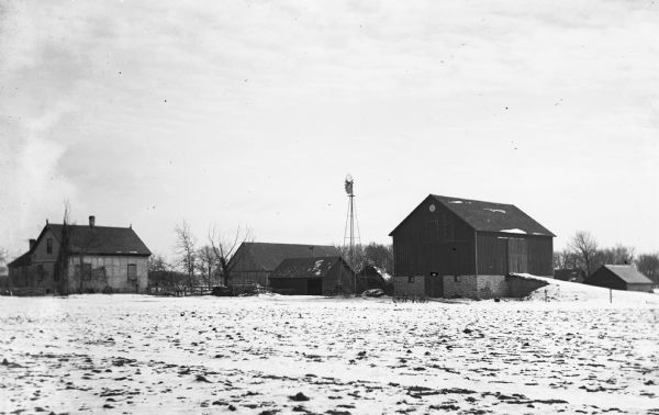 View across field towards the Wendorf farm during winter time.