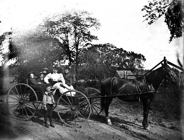 Sarah Krueger and five Hable children riding a horse-drawn buggy down a road. Sarah is holding the reins.