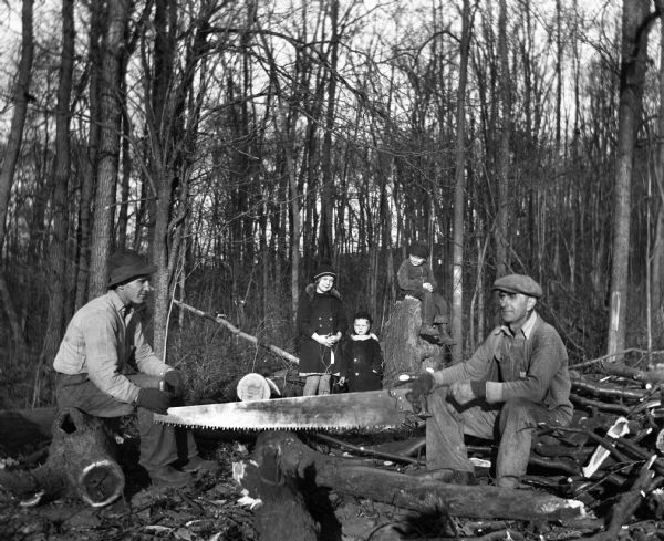 Edgar Krueger and Emil Hertz are sitting on separate piles of logs while holding either end of a saw as they cut through a large log. Behind them Shirley Krueger is standing with another child while Robert Krueger is sitting on a large tree stump.