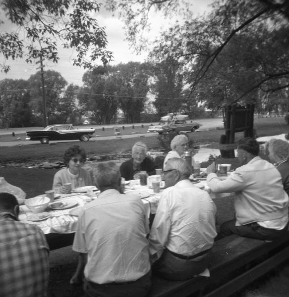 Group of people sitting together at a picnic table in a park. The table is laid out with food and paper plates and cups. Elna Krueger sits at the top of the table on the left side. Several cars are parked in the background along the road leading to the park.
