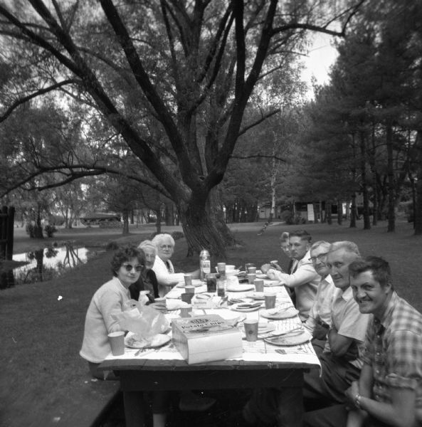 View of a group of people picnicking in a park at a picnic table. Plastic silverware, paper cups and plates, and a box of potato chips sit on top of the tablecloth. Elna Krueger sits at the far end of the table on the left.