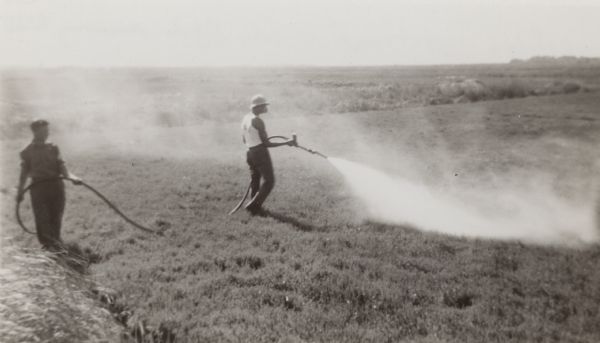 German Prisoner of War stationed in Wisconsin Rapids working on the A.E. Bennett and Sons Cranberry Marsh. He is spraying the cranberry crop with either an herbicide or pesticide and is wearing a mask to protect his face. The POW is wearing a prisoner's uniform with the letters "P.W." on the back of his shirt.