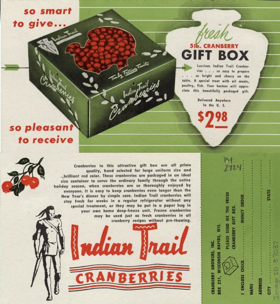 Advertisement for a 5 lb. gift box of fresh Wisconsin Cranberries. The advertisement tag line reads "So smart to give . . . so pleasant to receive". Pictured on the front of the card is a box of Indian Trail cranberries. On the reverse of the card is the Indian Trail Cranberries logo and a small drawing of a cranberry plant.